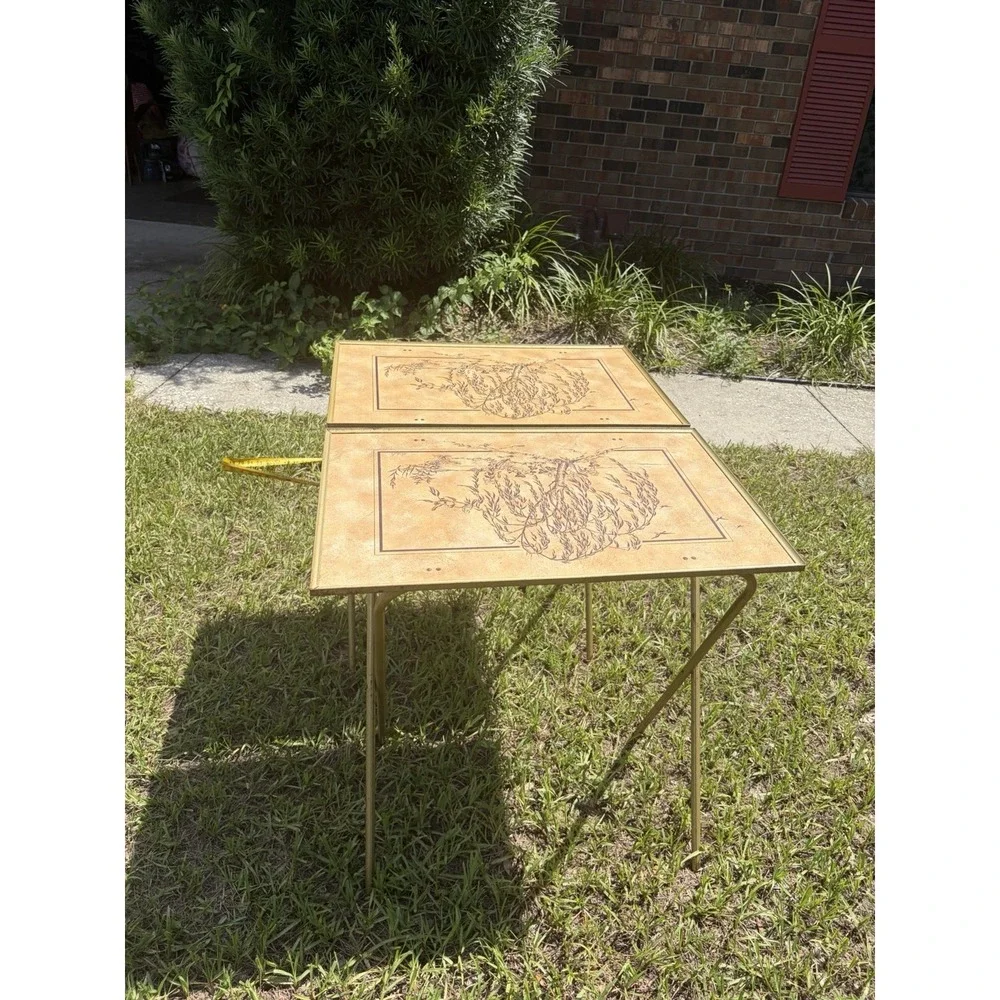 Vtg Lavada Weeping Willow Trees Mid Century Metal Tv Tray Tables Stands Set of 2